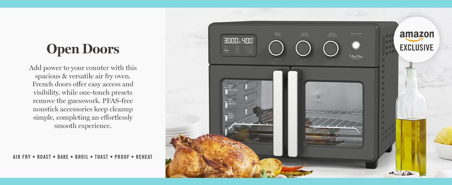 💥Special Offers  Martha Stewart French Door Air Fryer Toaster Oven Combo, 34QT Countertop Convection, 12-in-1, Bake, Broil, Roast, Fits 12” Pizza, Dehydrate, 5 Accessories, Air Fry Basket, Stainless Steel, Caviar Gray From the manufacturer
