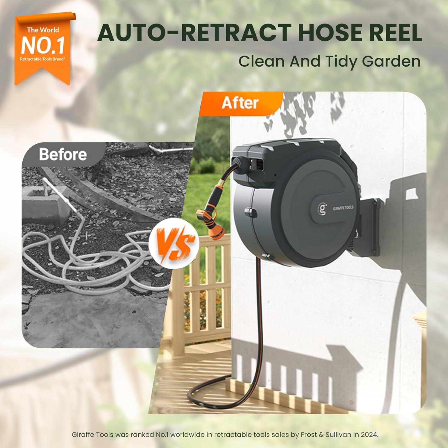 Father's Day Gift | Giraffe Tools Retractable Hose Reel (78–130 ft) — Features a 300 lb load-bearing metal bracket and a tangle-free/kink-resistant hose (compatible with 5/8" and 1/2" sizes)