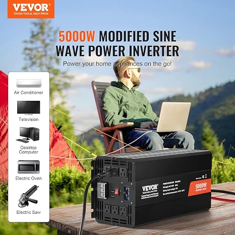 VEVOR Power Inverter, 2000W Modified Sine Wave Inverter, DC 12V to AC 120V Car Converter, with LCD Display, Remote Controller, LED Indicator, AC Outlets Inverter for Truck RV Car Boat Travel Camping