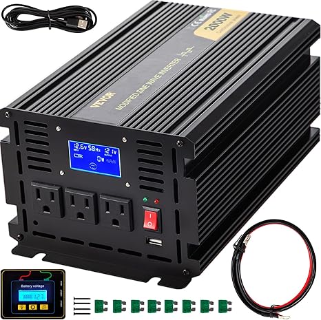 VEVOR Power Inverter, 2000W Modified Sine Wave Inverter, DC 12V to AC 120V Car Converter, with LCD Display, Remote Controller, LED Indicator, AC Outlets Inverter for Truck RV Car Boat Travel Camping