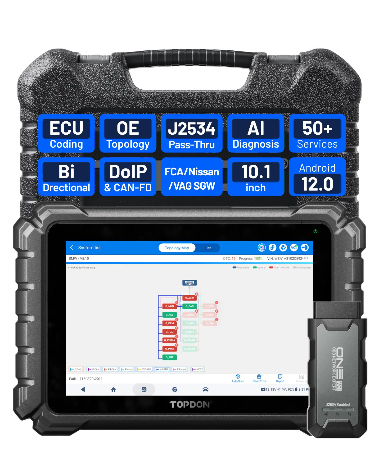 TOPDON ONE 10.1" Bidirectional Scanner with ECU Coding , J2534 Pass-Thru, TopFix AI Diagnostics, OE Topology Mapping Professional Automotive Scan Tool