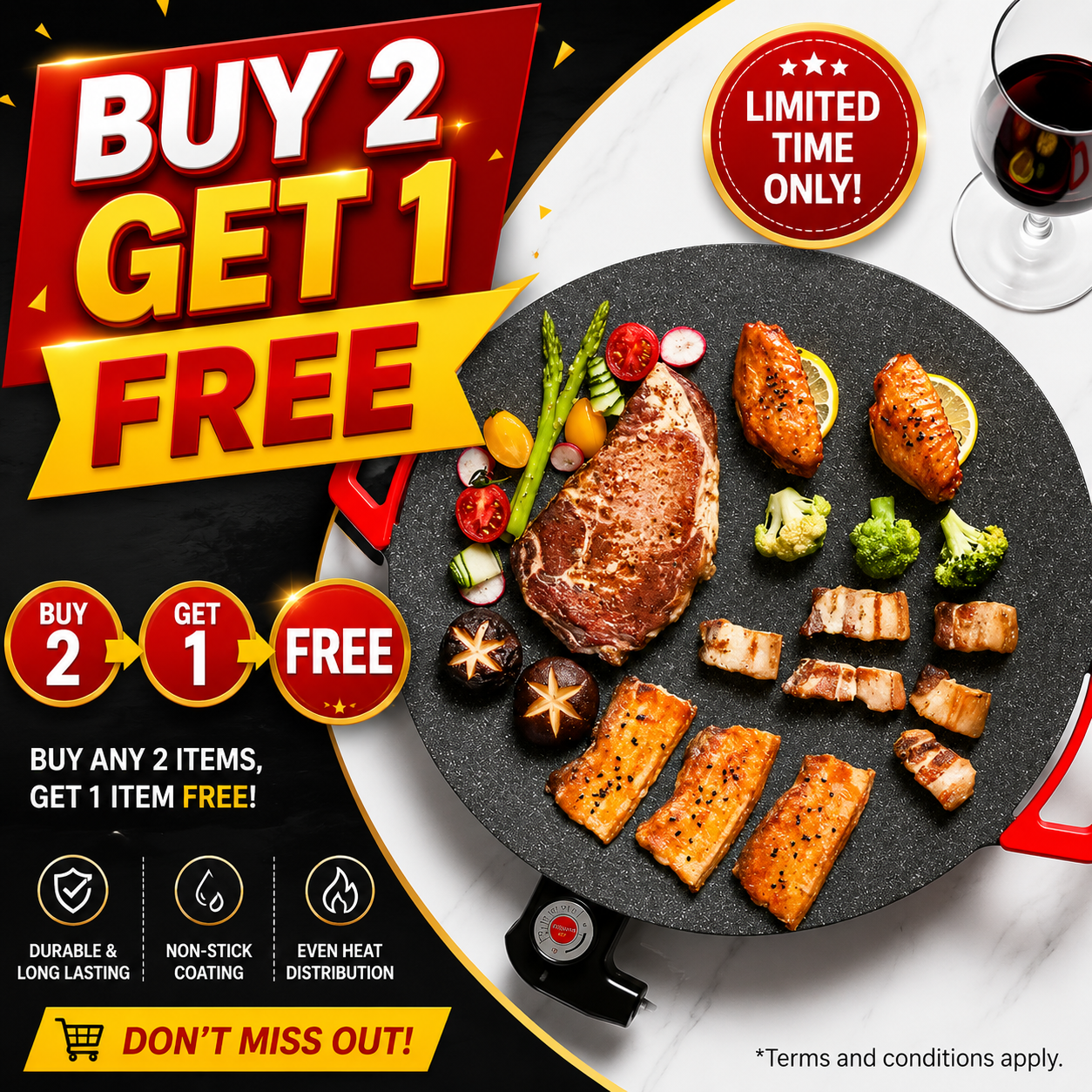 【BIG SALE】KITCHEN 1500W Portable Electric Korean BBQ Grill Indoor Smokeless Non-stick Grill Pan Adjustable Temperature Control Universal Fry Griddle for Home Cooking