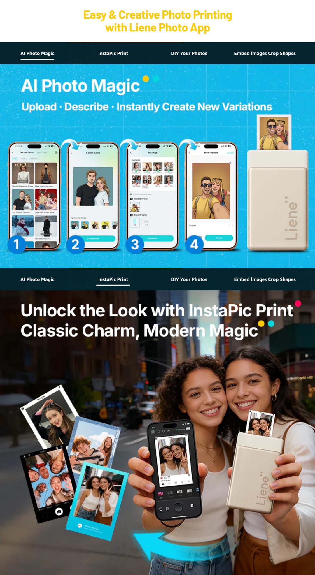 Liene Pearl N200 Pro Portable Photo Printer, Instant Mini Picture Printer for iPhone Smartphone, Thermal Dye Sublimation, Bluetooth Sticker Printer 50 Sheets 2x3 Adhesive Paper & 5 Cartridges, outdoor fun, SummerVibes, DealsForYouDays