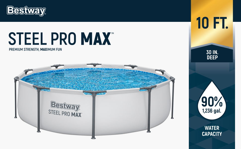 Bestway Steel Pro Max 10ft Above Ground Pool, 30in Deep, 1,236 Gallon Water Capacity.