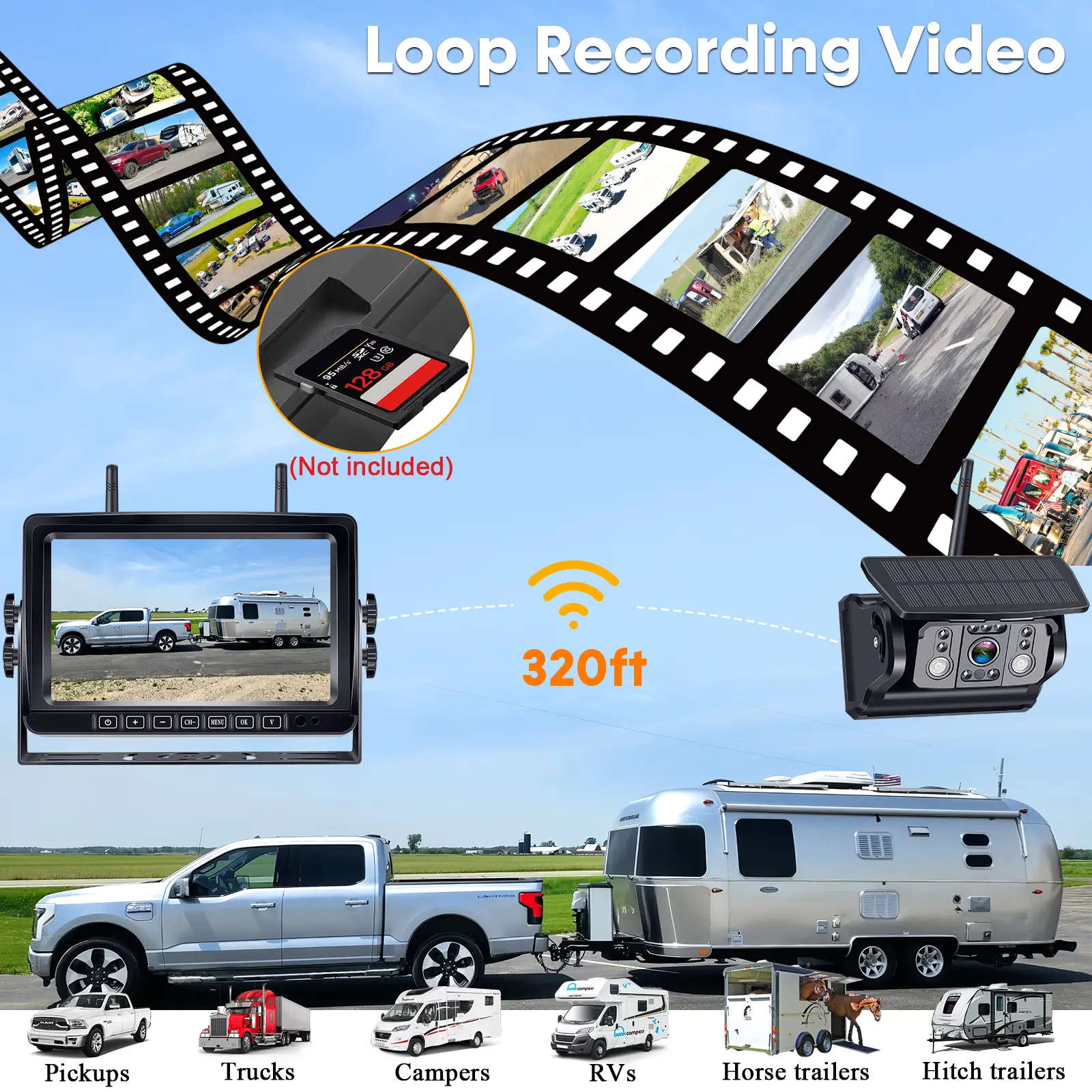 Dual RV Wireless Backup Camera for Trailer,Solar RV Rear View Camera with 7-inch Recording Monitor