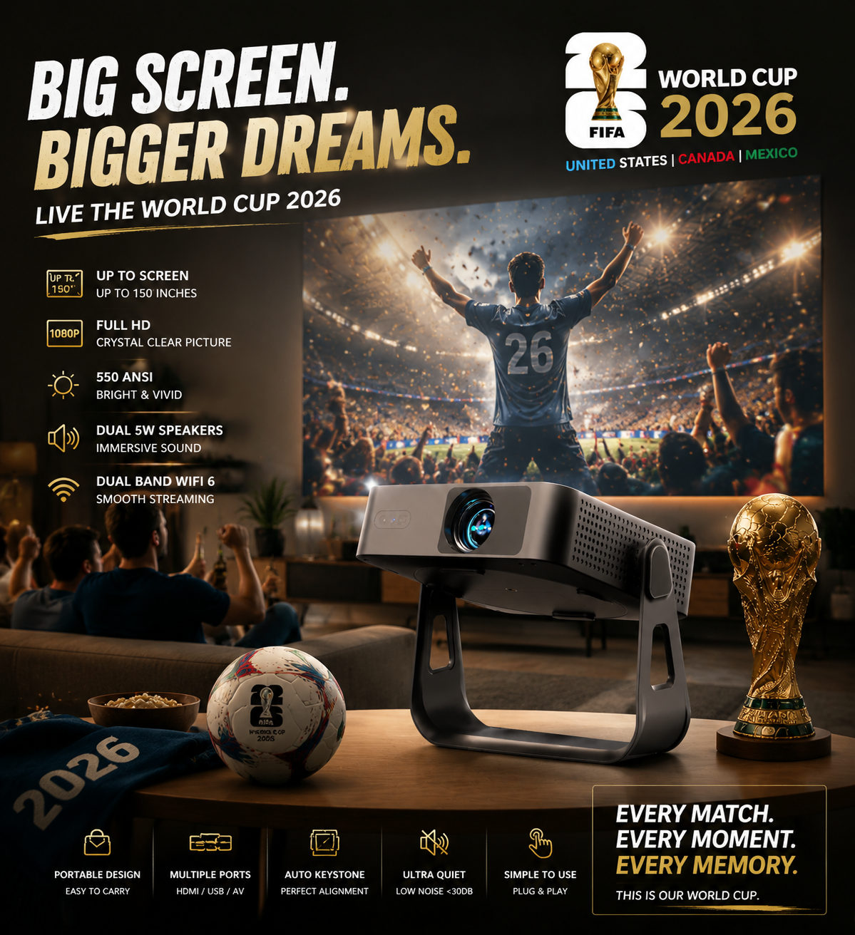 ⚽World Cup Deal！XuanPad Smart Mini Projector, 4K Supported Outdoor Movie Projector with 360° Stand for Live Football Watch Party