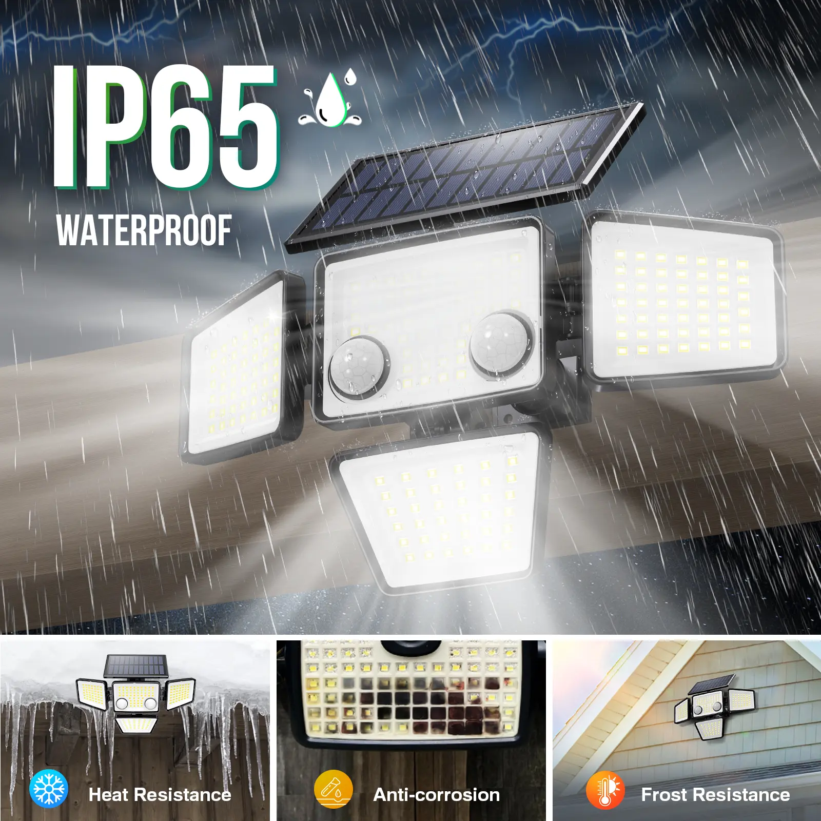 Solar Motion Sensor Lights-4 Heads 3000LM, IP65 Waterproof, 270°Wide Angle Lighting Security Light for Yard, Garage, Porch, Pool,Garden,Barn,Patio