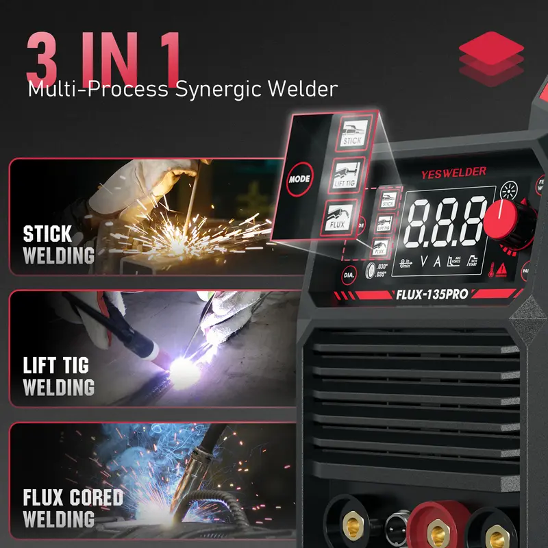 【Warehouse Clearance】 FLUX-135PRO 135Amp 110V Flux Core MIG Welder, Gasless MIG/Lift TIG/Stick 3-in-1 Welding Machine, Digital Display DC IGBT Synergic Control