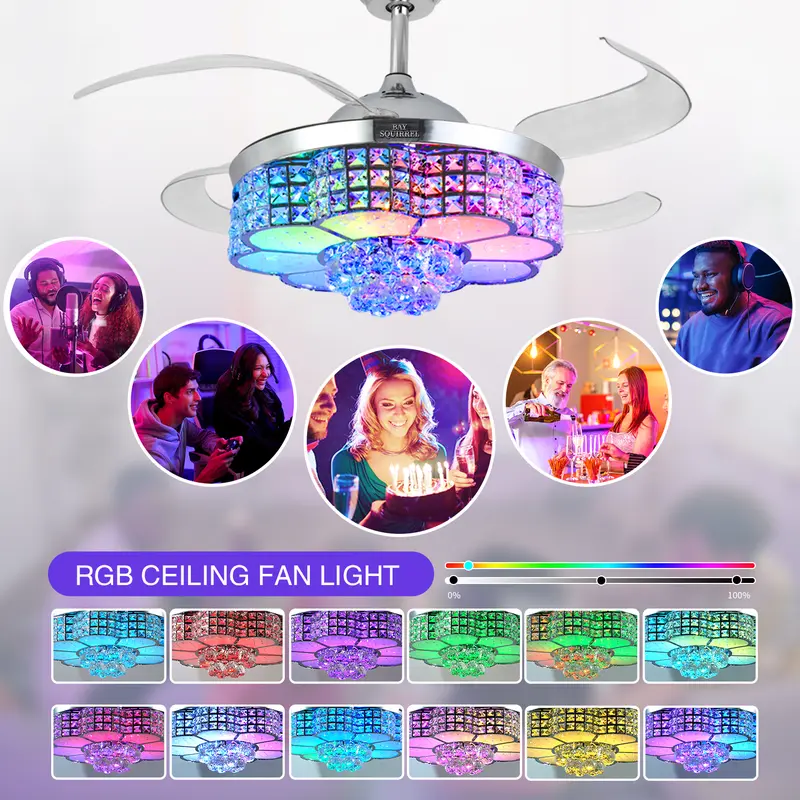Retractable Crystal Ceiling Fan with Speaker,Remote/APP Control, 6 Speed Reversible RGB-LED Light, Atmosphere Lighting Ambient Decoration Lamp, Excellent Gifts Changing Nightlight tiktokshopspringglowup