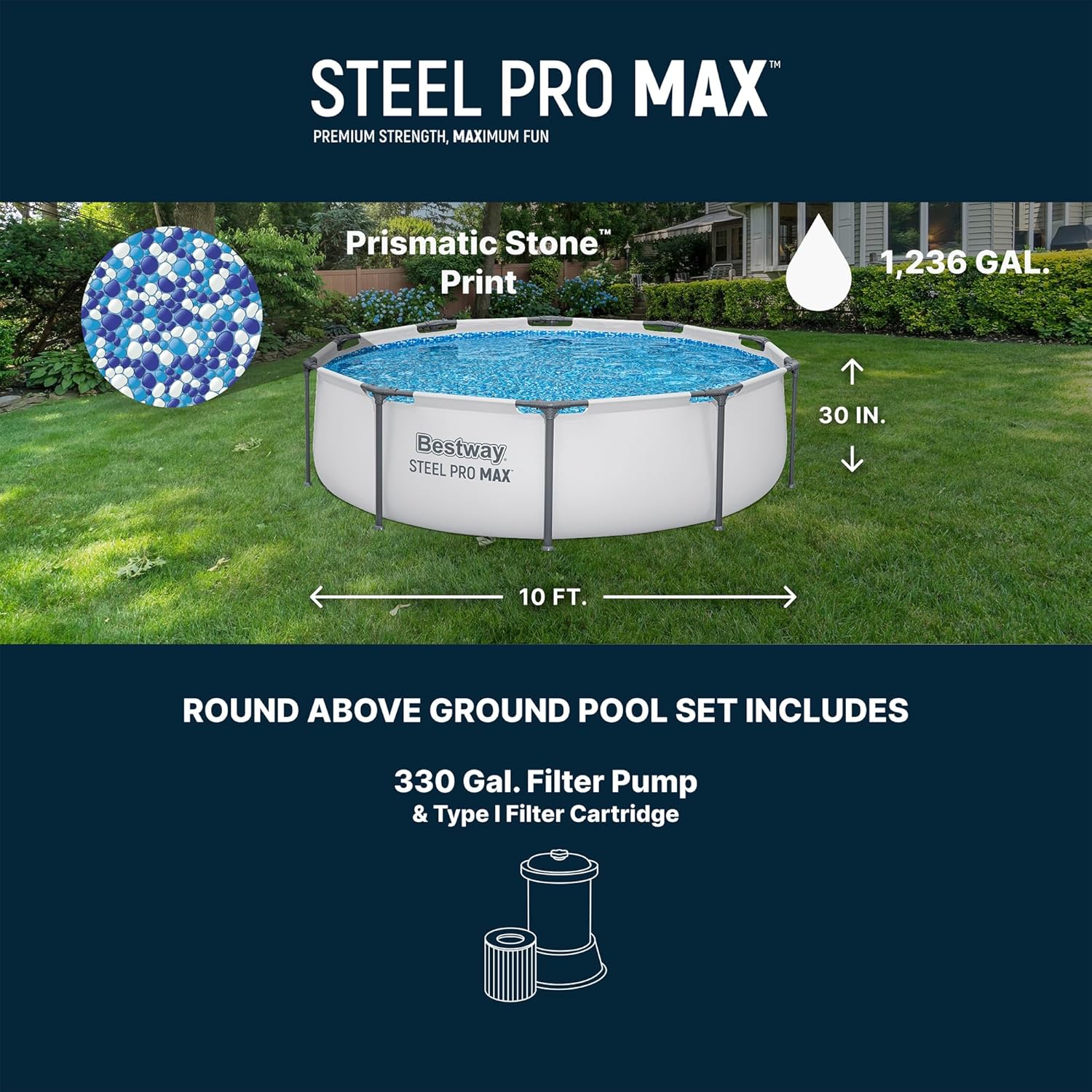 Father's Day Gift – Round Metal Frame Outdoor Pool Set (Includes Filter Pump and Type I Filter Cartridge)