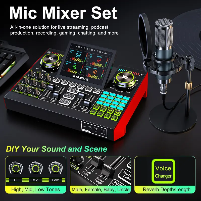 Tenlamp G10-P15 Sound Card Bundle (includes condenser microphone) – a professional audio mixer featuring voice changing and noise reduction; suitable for livestreaming, podcasting, and gaming.