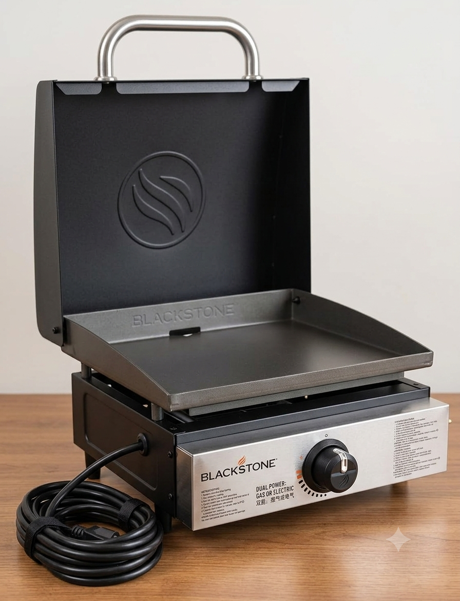 22" Tabletop Griddle with Hood, Electric & Gas, Portable Grill for Camping & Tailgating