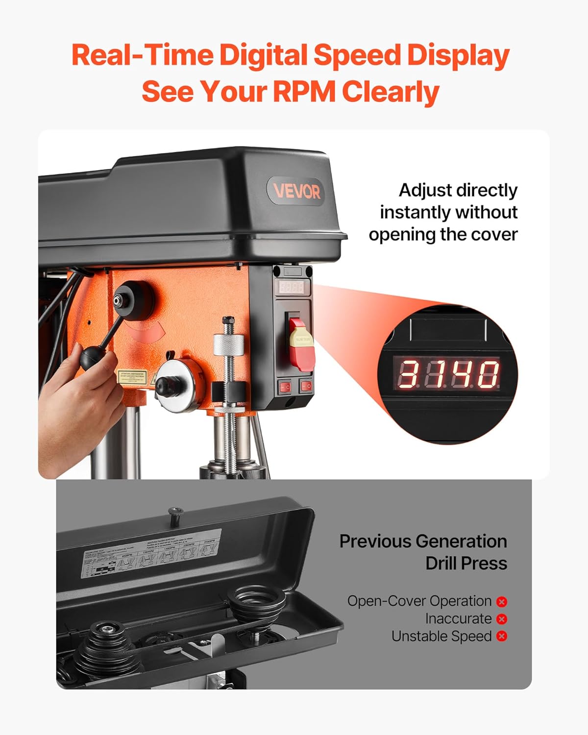 🎁 Limited-Time Sale — 🎊VEVOR 12-Inch Benchtop Drill Press, 6.2 Amp/1 HP, Adjustable Speed ​​(530–3140 RPM), 0–45° Tilting Table, with Laser and LED Work Light, Suitable for Wood and Metalworking