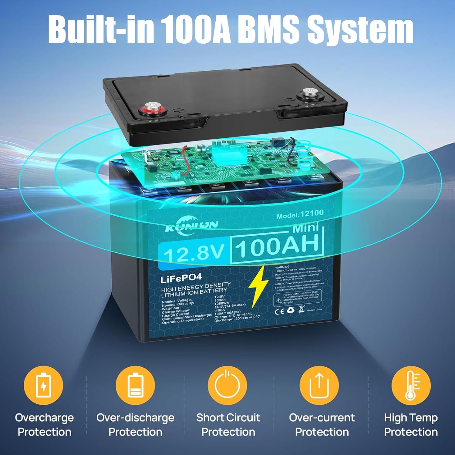 🔥Summer Sale🔥KUNLUN 12V 100Ah LiFePO4 High Capacity Battery