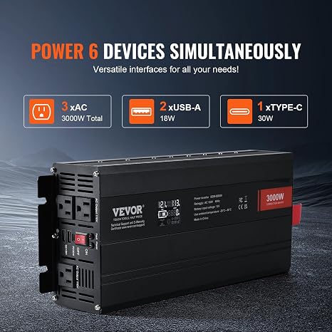 VEVOR Power Inverter, 2000W Modified Sine Wave Inverter, DC 12V to AC 120V Car Converter, with LCD Display, Remote Controller, LED Indicator, AC Outlets Inverter for Truck RV Car Boat Travel Camping