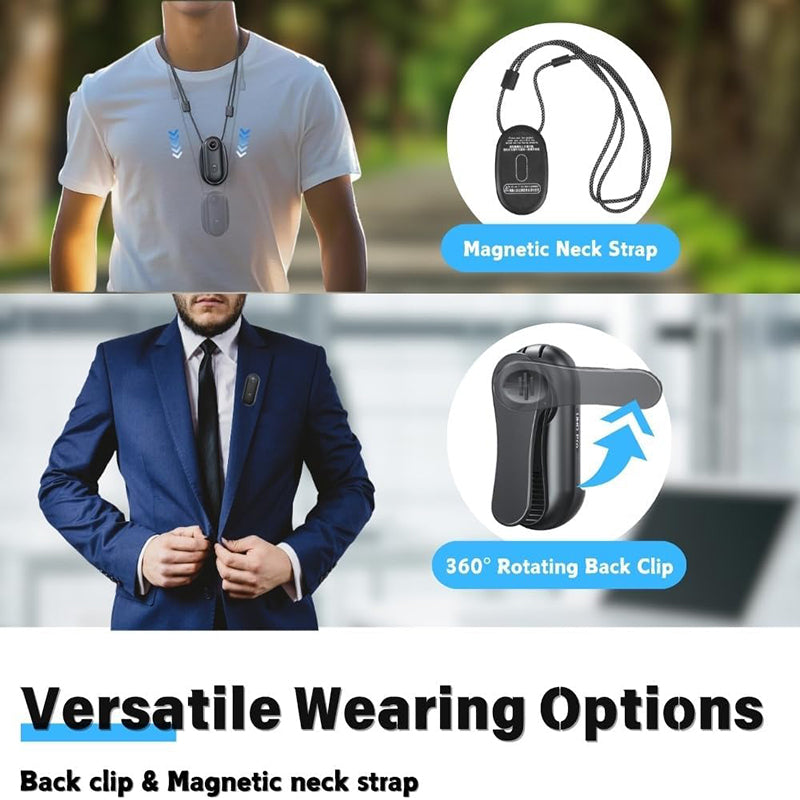 The magnetic lanyard makes you can attach the camera with the magnet pendant, then hanging around the neck with safety cord to get dual protection. The portable back clip has 360&deg;adjustable rotation, you can easily change the angle. Free your hands and complete the video.