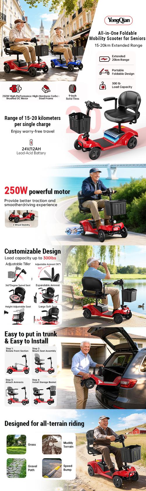 Mobility Scooter,Foldable,300 lbs Capacity,Travel & Daily Commute | Mobility Scooters for Seniors,Quick-Assembly, Features Rotating Seat, 300W Motor, LED Headlight & Storage Basket for Travel