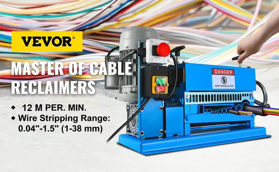 VEVOR wire stripping machine with colorful cables, 12m per min, 0.04"-1.5" range.