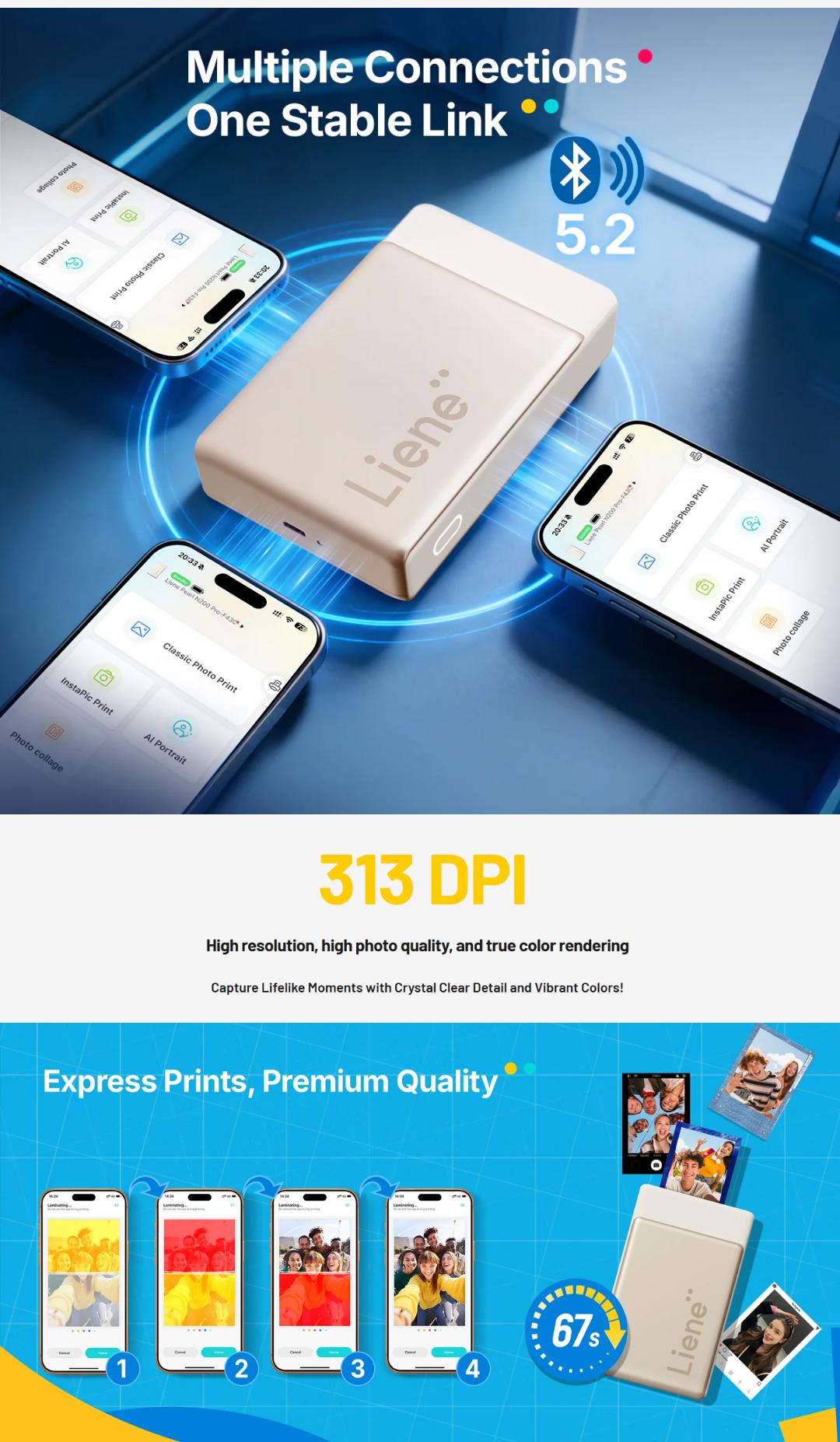 Liene Pearl N200 Pro Portable Photo Printer, Instant Mini Picture Printer for iPhone Smartphone, Thermal Dye Sublimation, Bluetooth Sticker Printer 50 Sheets 2x3 Adhesive Paper & 5 Cartridges, outdoor fun, SummerVibes, DealsForYouDays