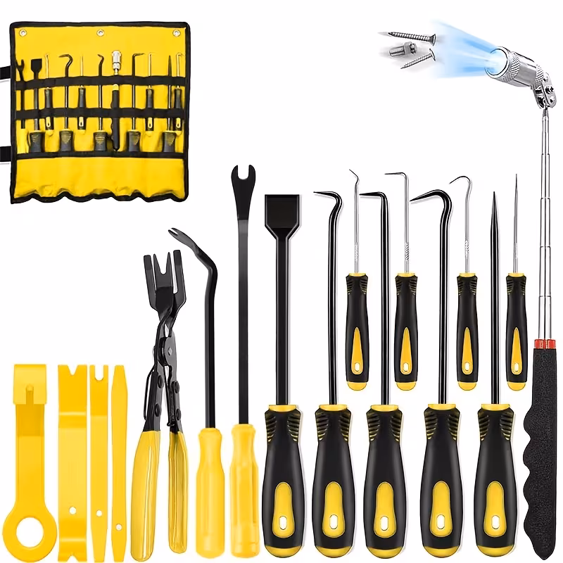 12 17pcs professional auto trim removal tool set hook pick pry bar scraper magnetic telescoping pickup tool kit car panel door clip remover bicycle repair tools Product details 1