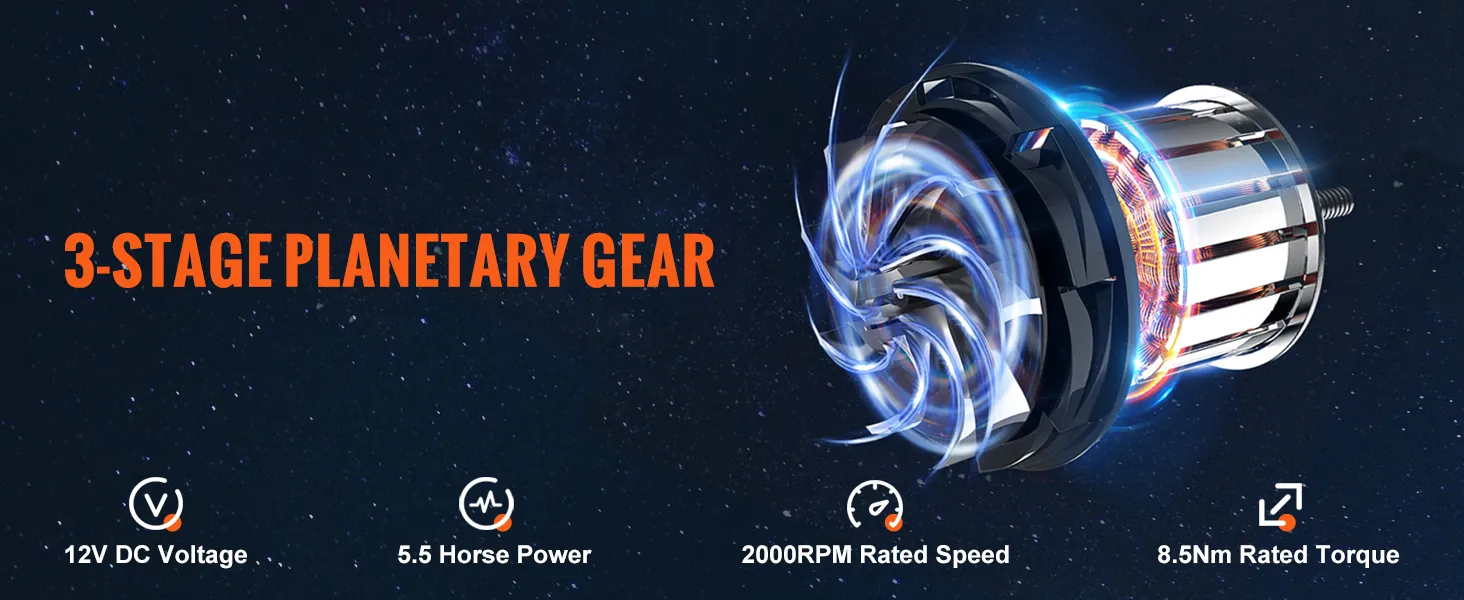 3-stage planetary gear for VEVOR electric winch, 12v dc, 5.5 horsepower, 2000rpm, 8.5nm torque.