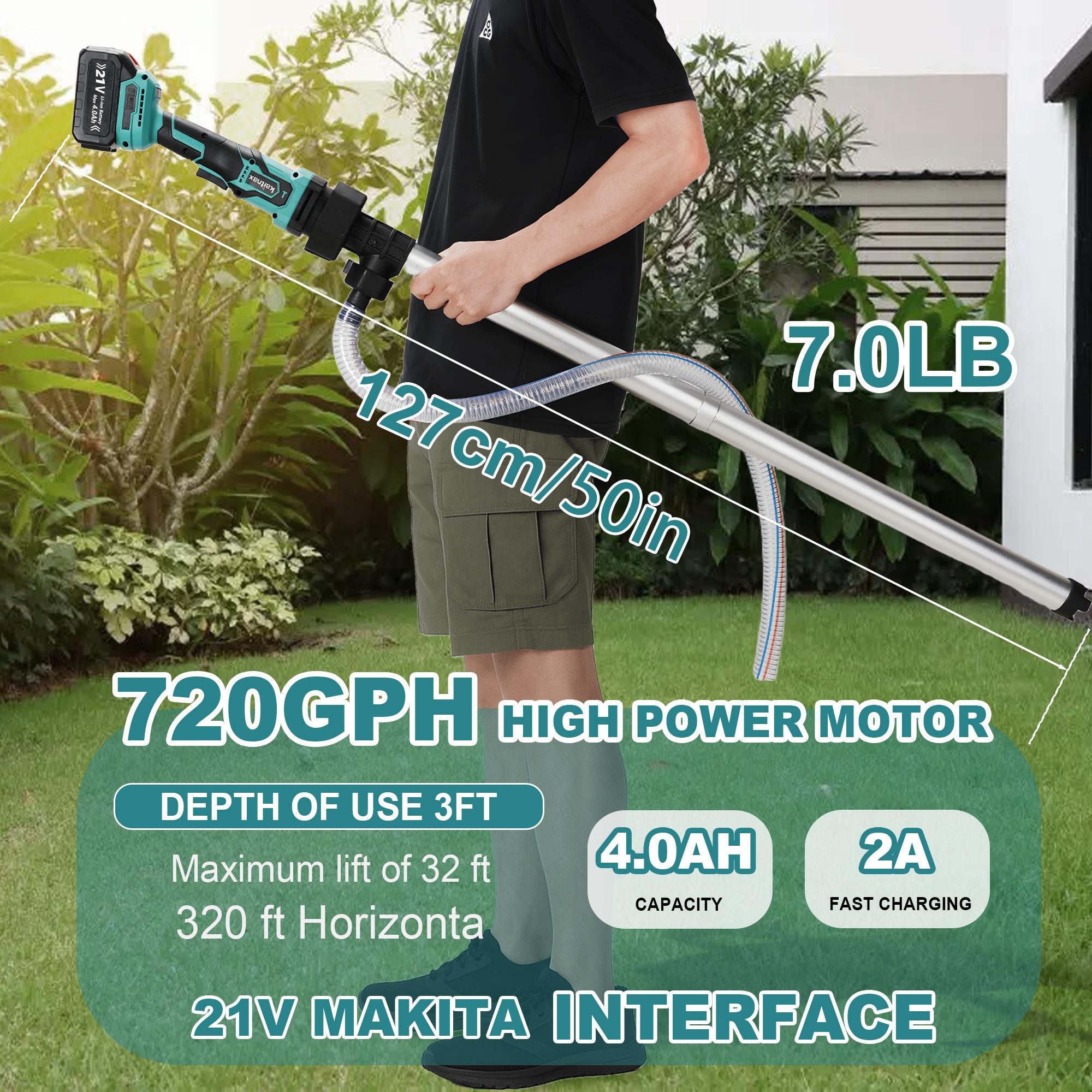 【FathersDay Gift】Kaitnax Cordless Stick Water Transfer Pump, with 4000mAh 21V Battery & Charger, 720GPH, 32FT Head, Handheld Portable Utility Sump Pump Kit with 3/4" Outlet for Pool/Garden/Pond/RV/Boat Draining