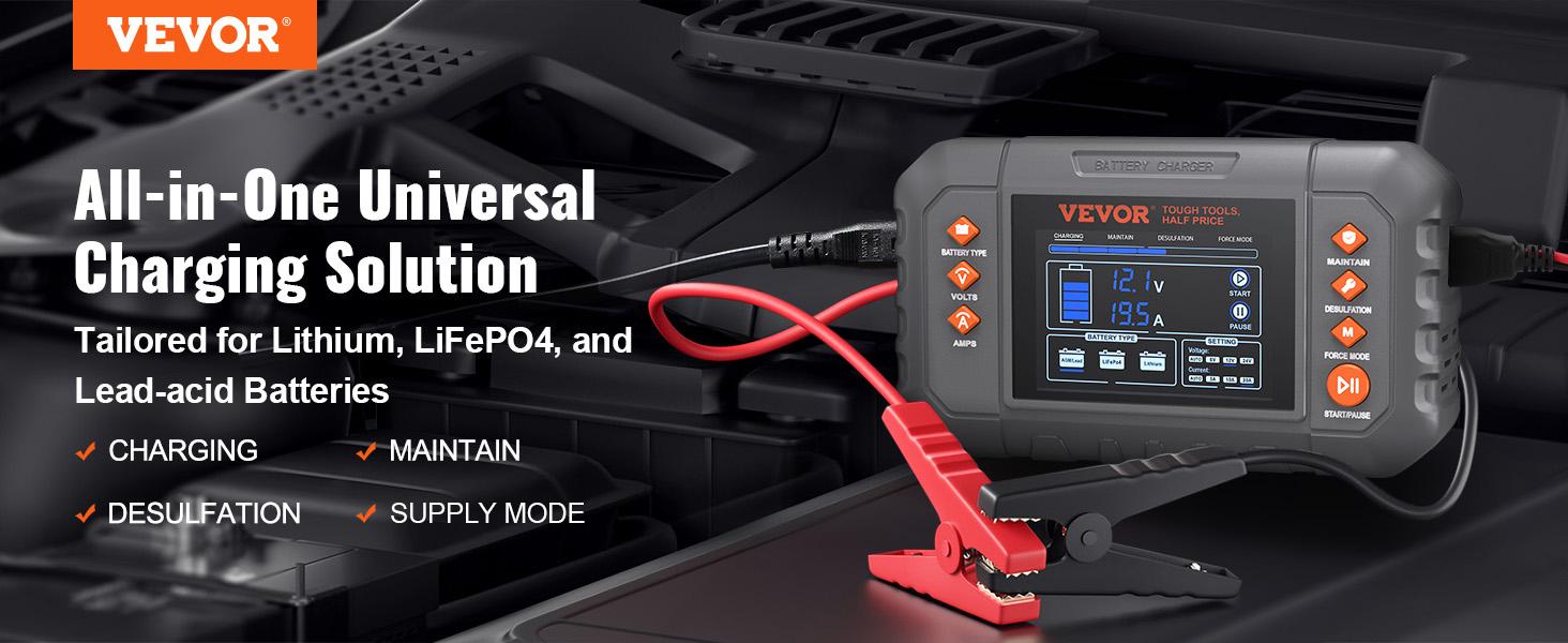 VEVOR Smart Battery Charger, Summervibes, Various specifications, Lithium LiFePO4 Lead-Acid (AGM / Gel / SLA) Car Battery Charger with LCD Display, Trickle Charger Maintainer Desulfator for Boat Motorcycle Lawn Mower Deep Cycle