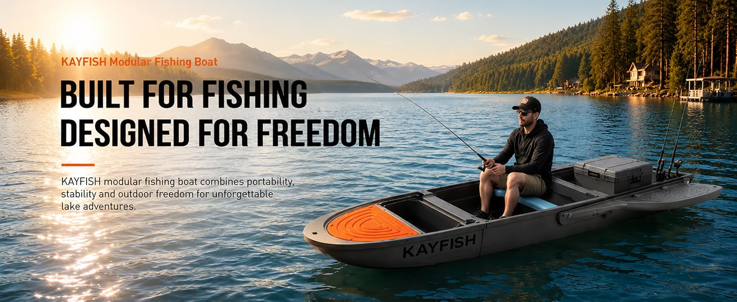 Angler fishing from a KAYFISH modular fishing boat on a mountain lake at sunrise.