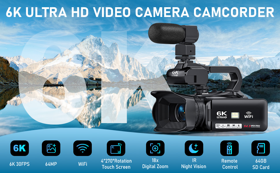 6K 64MP camcorder with 18X digital zoom, flip-out 270-degree touch screen, built-in WiFi, HDMI