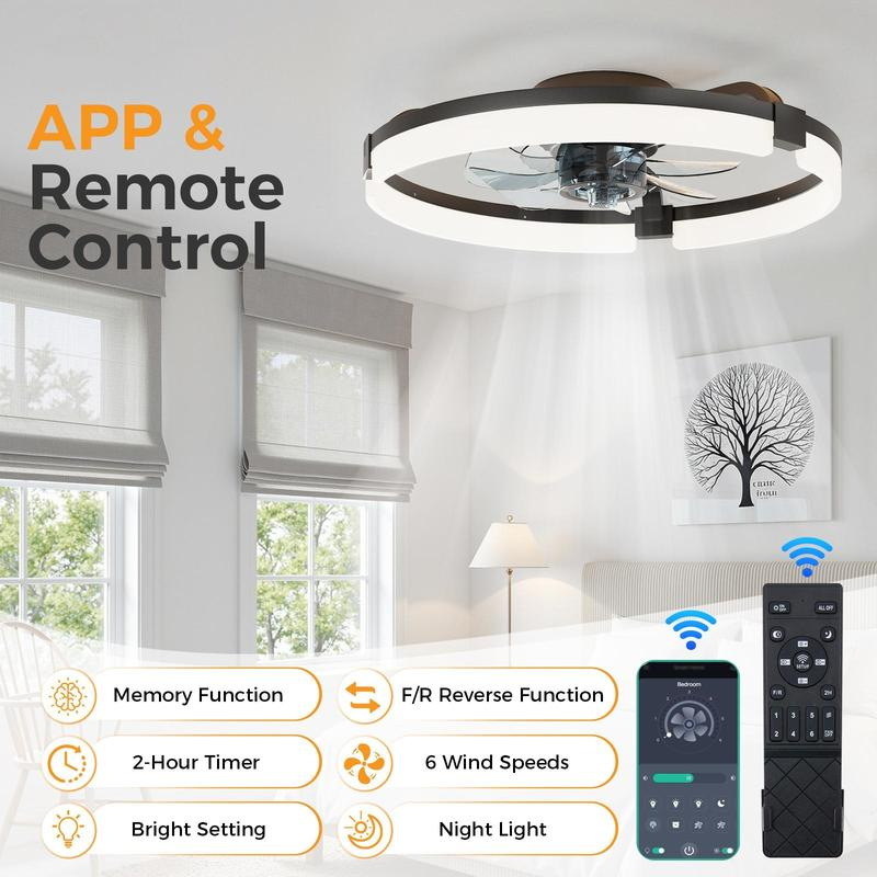 Modern Low Profile Ceiling Fan with Light | Smart Bladeless Flush Mount Fandelier with Remote & App Control