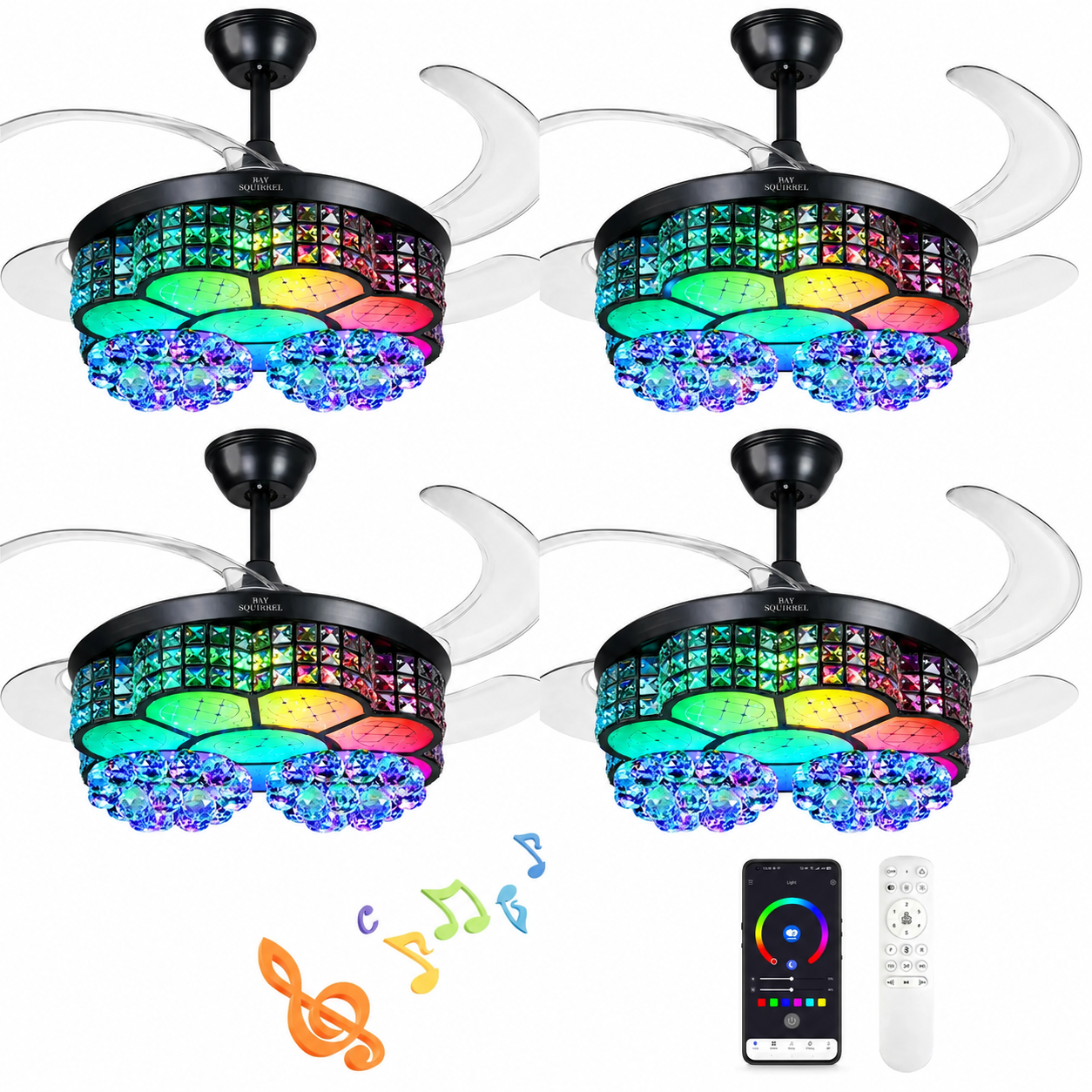 Retractable Crystal Ceiling Fan with Speaker,Remote/APP Control, 6 Speed Reversible RGB-LED Light, Atmosphere Lighting Ambient Decoration Lamp, Excellent Gifts Changing Nightlight tiktokshopspringglowup