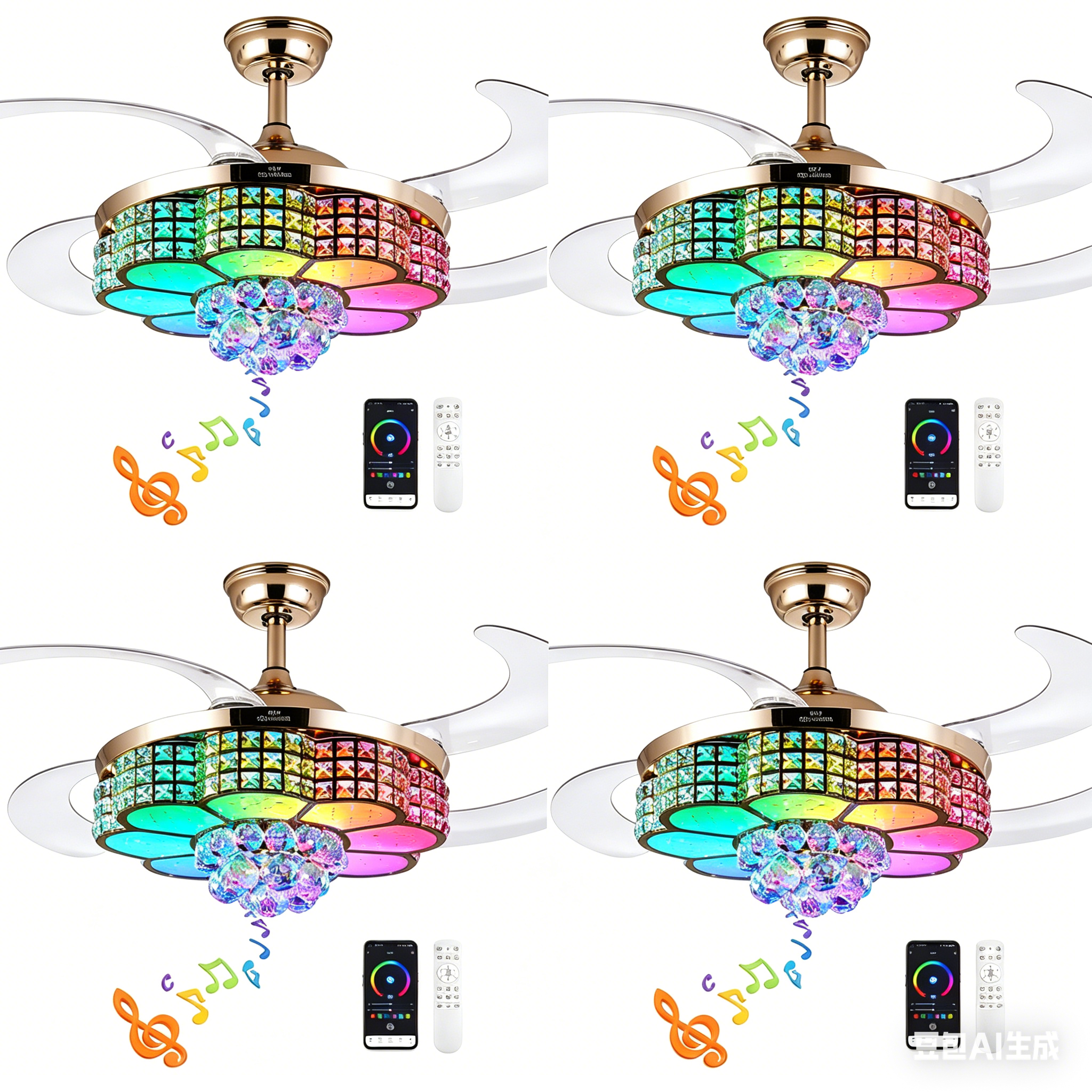 Retractable Crystal Ceiling Fan with Speaker,Remote/APP Control, 6 Speed Reversible RGB-LED Light, Atmosphere Lighting Ambient Decoration Lamp, Excellent Gifts Changing Nightlight tiktokshopspringglowup