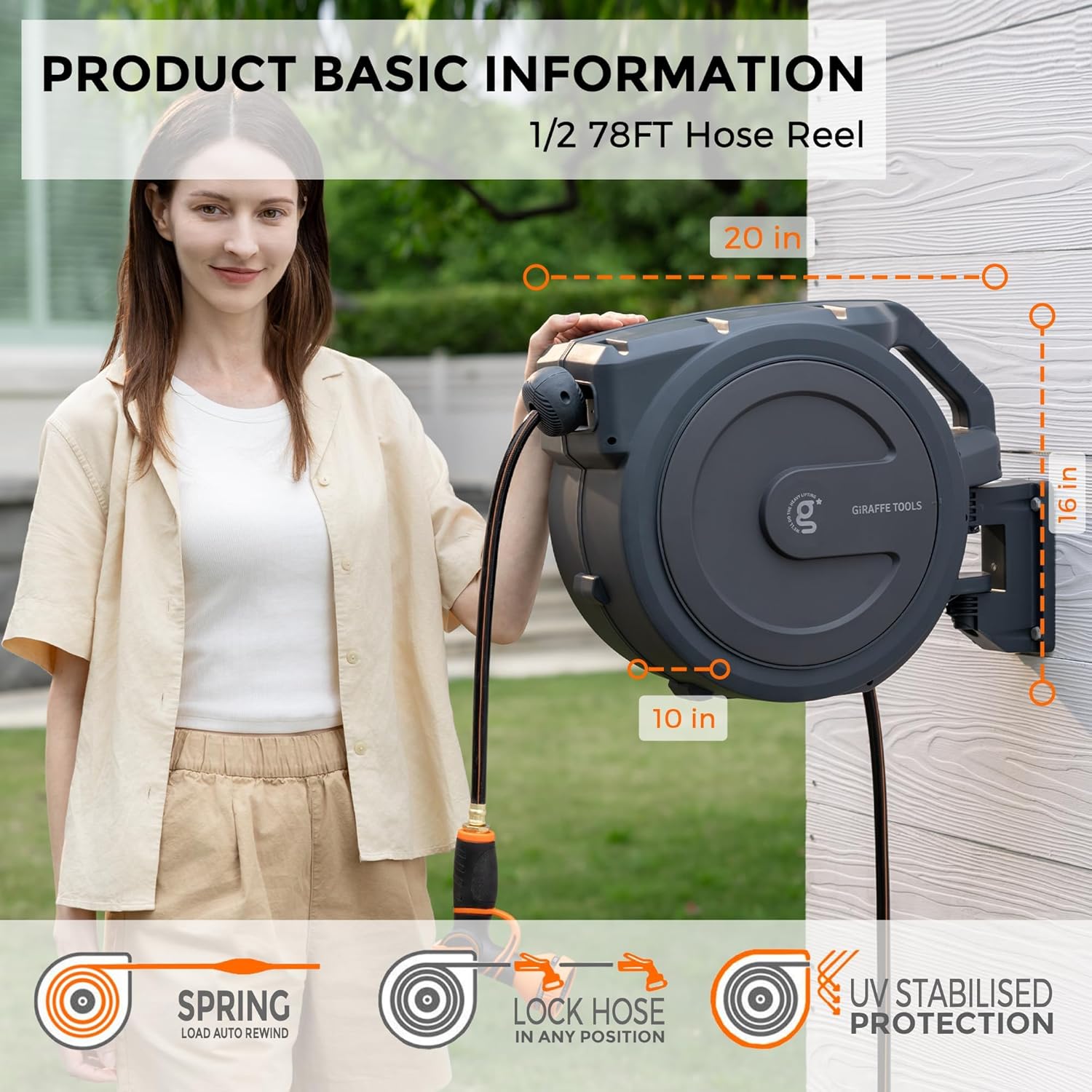 Father's Day Gift | Giraffe Tools Retractable Hose Reel (78–130 ft) — Features a 300 lb load-bearing metal bracket and a tangle-free/kink-resistant hose (compatible with 5/8" and 1/2" sizes)