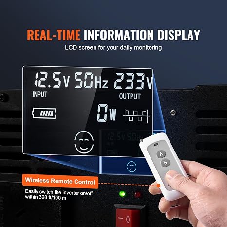 VEVOR Power Inverter, 2000W Modified Sine Wave Inverter, DC 12V to AC 120V Car Converter, with LCD Display, Remote Controller, LED Indicator, AC Outlets Inverter for Truck RV Car Boat Travel Camping