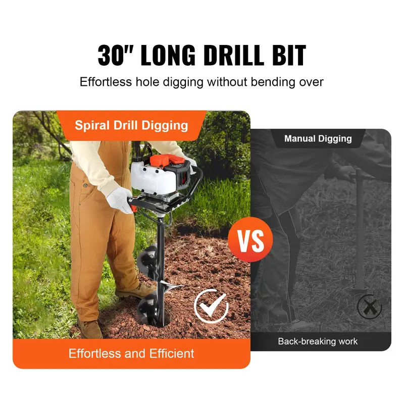 🔥【fathersdaygift】VEVOR Post Hole Digger 52cc 1450W Auger Post Hole diggerGas Powered Earth Digger with Two Earth Auger Drill Bit 6" & 10" and 3 Extension Rodsfor FarmlandGarden and PlantEPA certification