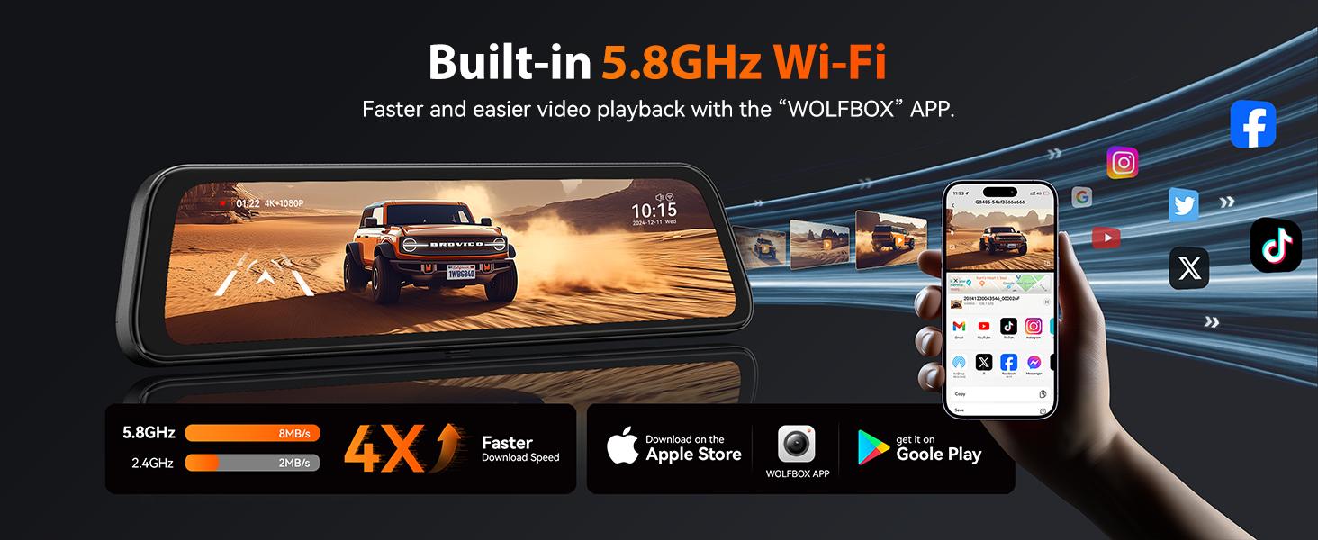 【FathersDayGift】WOLFBOX G840S 12" 4K Mirror Dash Cam with 5.8GHz WiFi & GPS Tracking, Dual Cameras, Night Vision, 32GB Card, 170&deg; Front & 140&deg; Rear Lenses, 24-Hour Parking Monitor, TikTokShopHolidayHaul - Automotive Video Recorder