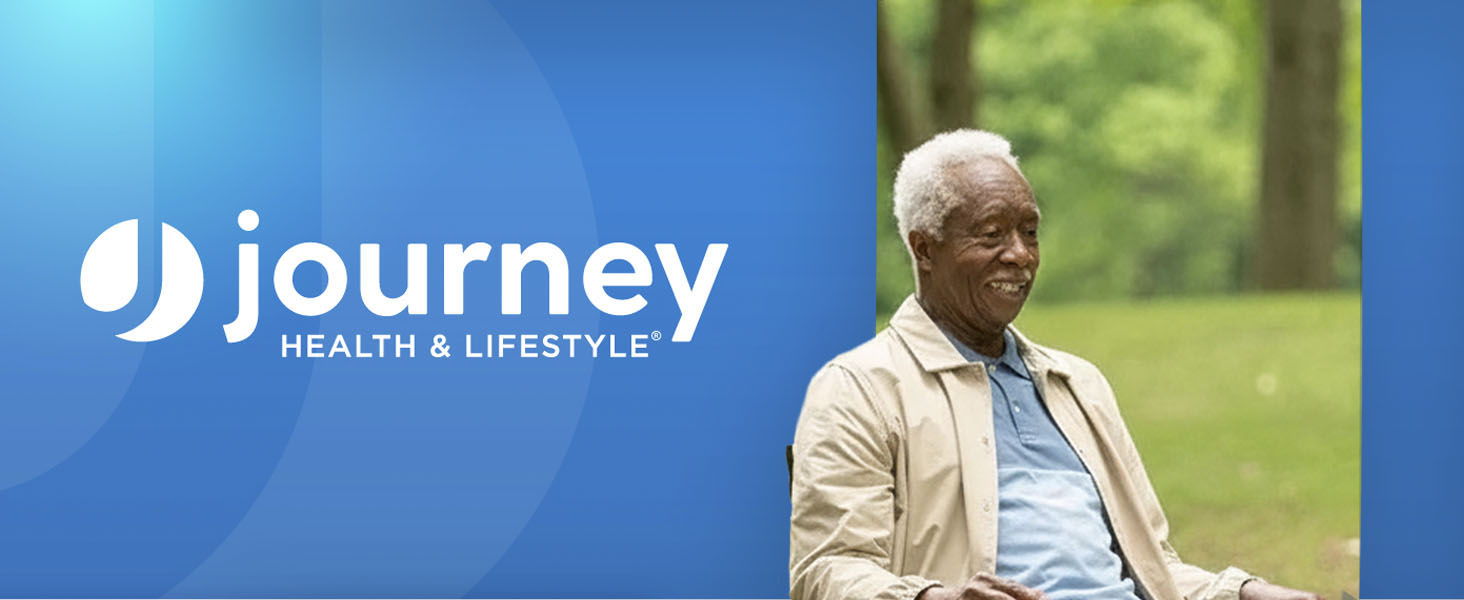 The Journey logo next to an elderly person using a walker.