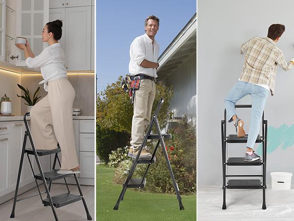 Step Ladder, Foldable Stool with Wide Pedal, Cushioned Handle, 800lbs Capacity for Home Kitchen and Outdoor