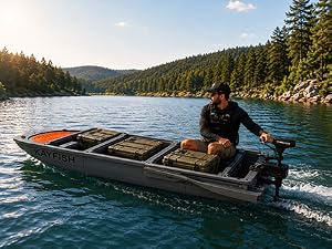 Modular fishing boat carrying storage boxes and outdoor equipment.