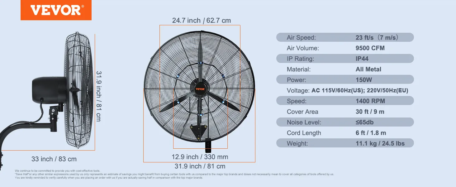 VEVOR wall-mount misting fan dimensions 31.9x31.9 inches, 150w, air speed 23 ft/s, ip44 rating.
