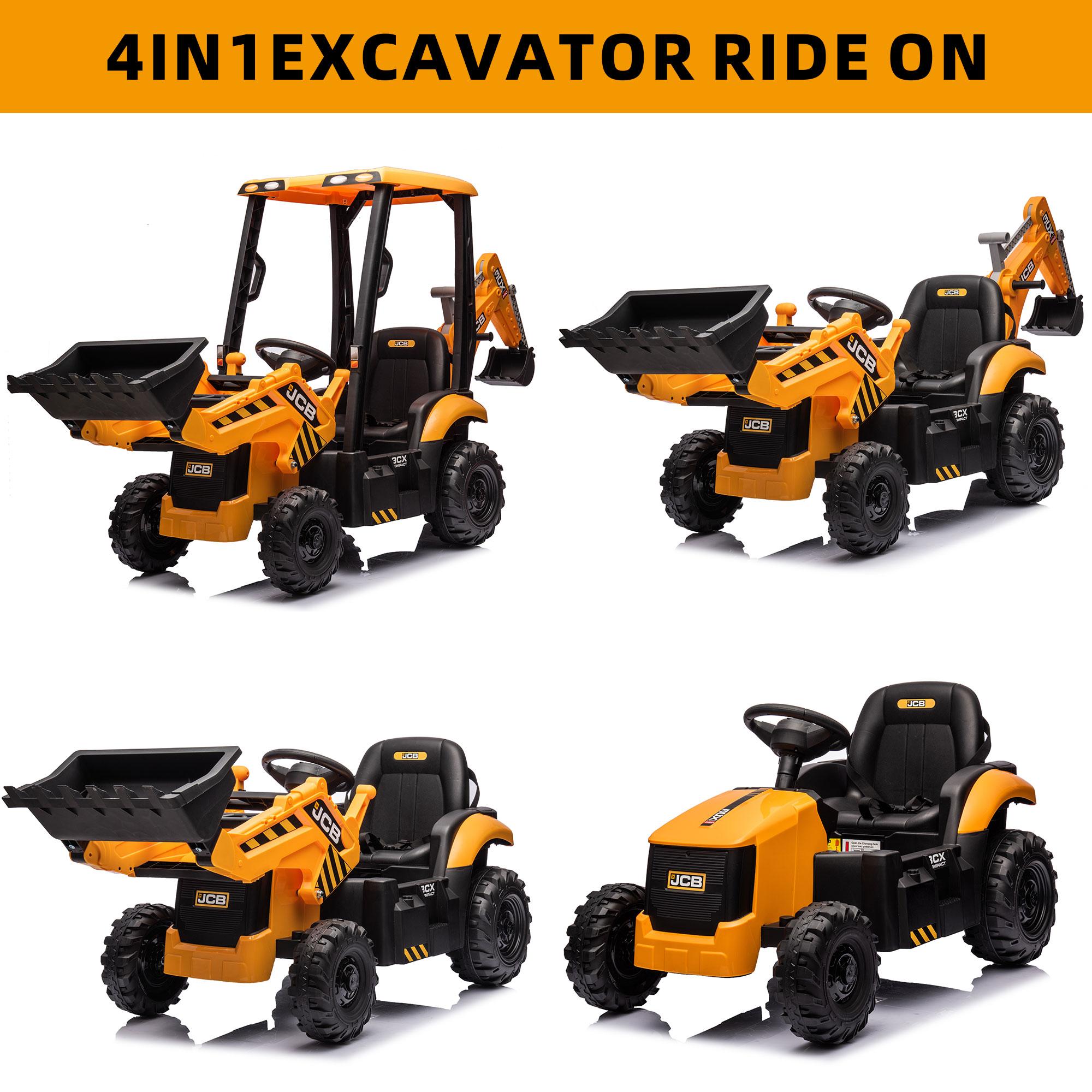 First Ride On 12V Kids Ride on Backhoe Digger Toy Cars, JCB Lisenced Battery Powered Electric Excavator with Remote Control, Ride on Excavator Truck w/Adjustable Front and Back Loader for 3-6 Kids, Black Friday& Cyber one , Best Christmas Gift for Kids