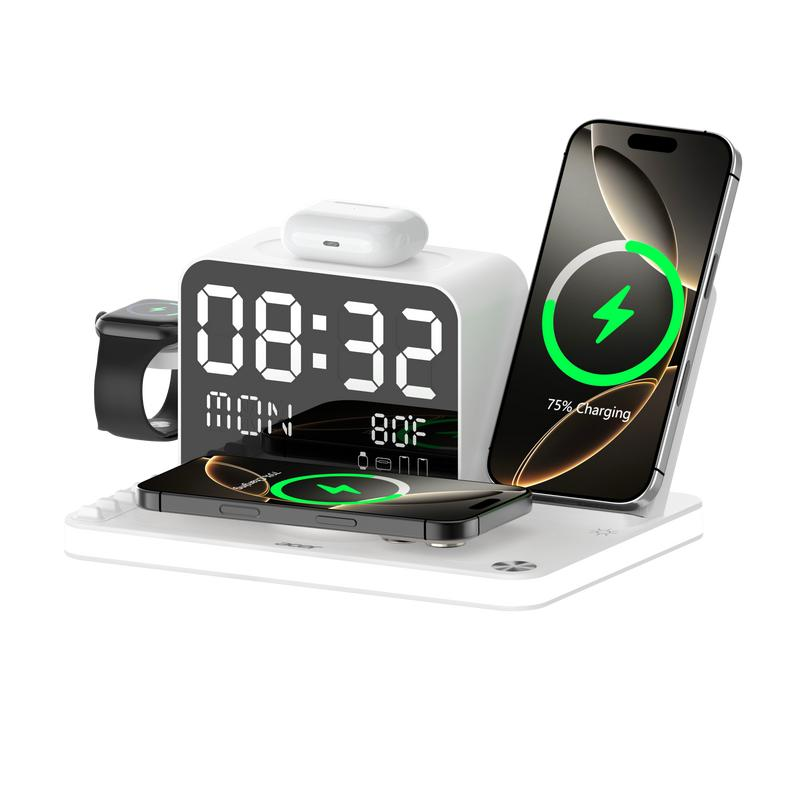 Acer 7-in-1 Wireless Charging Station with Alarm Clock & Bluetooth Time Sync, 15W Fast MagSafe Magnetic Charging Stand for iPhone, Apple Watch, AirPods, Bedside Night Light Dock for Android, Gift