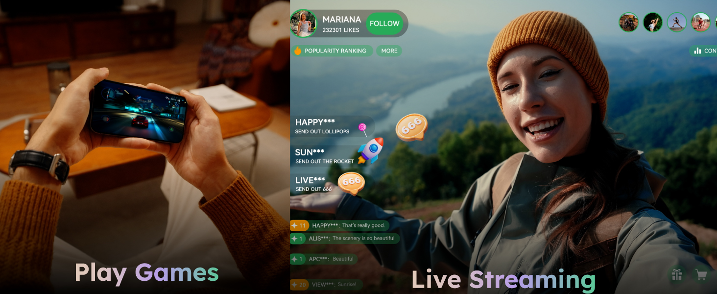 Split image: Left shows hands holding smartphone with game on screen. Right shows person in beanie outdoors with live streaming interface overlay.