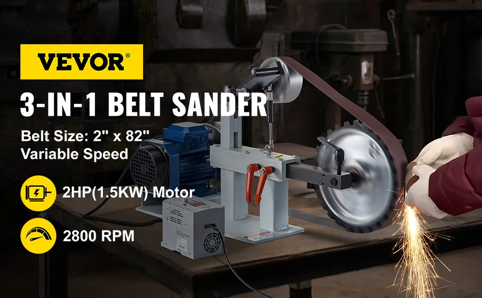 VEVOR 3-in-1 belt sander with 2 HP motor and 2800 rpm speed creating sparks.