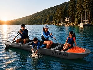 Family enjoying a day on the water in a modular fishing boat.
