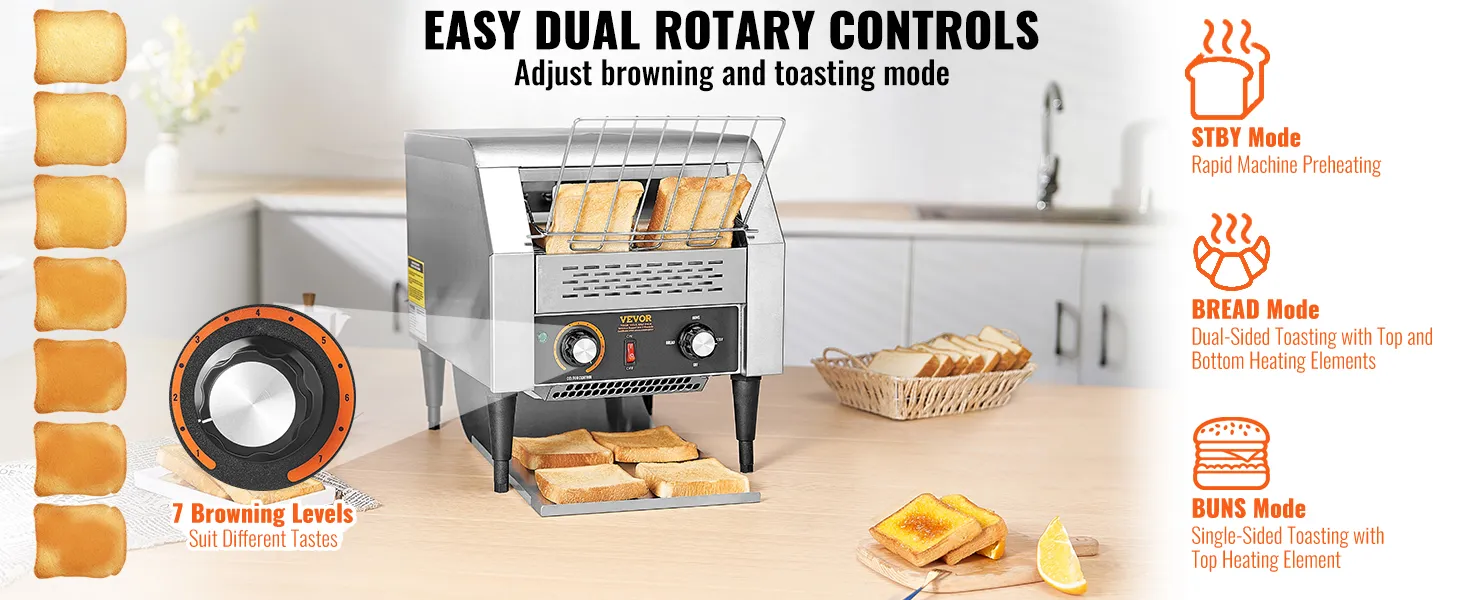 VEVOR commercial conveyor toaster with 7 browning levels, dual rotary controls, and multiple toasting modes.