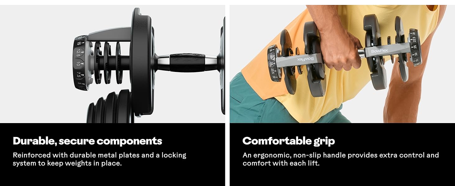 Durable metal plates, locking system, comfortable non-slip handle grip, extra control, dumbbell