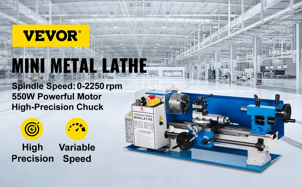 VEVOR metal lathe with 550w motor, high precision, and variable speed in a workshop.