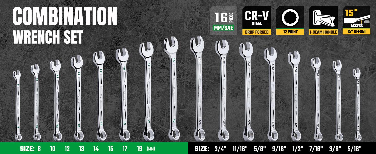#backtoschool SK Combination Wrench Set, SAE & Metric, SuperKrome Finish, Premium CR-V Construction, with Rolling Pouch
