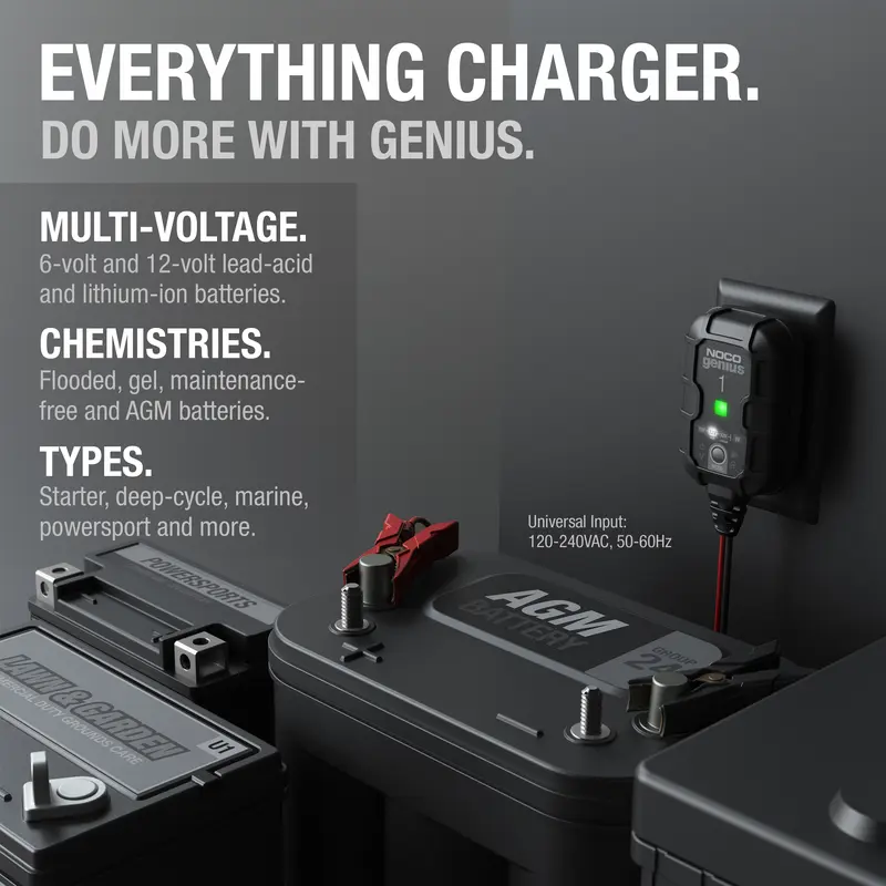 NOCO GENIUS1 1A Smart Battery Charger, 6V and 12V, Battery Maintainer, Trickle Charger and Desulfator